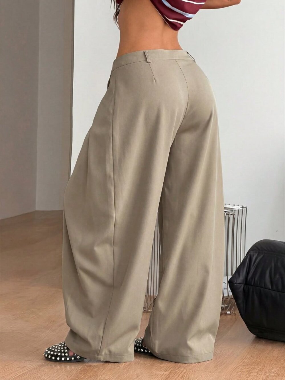 Khaki Casual Women's Woven Asymmetrical Wide Leg Pants - Picture 2 of 7